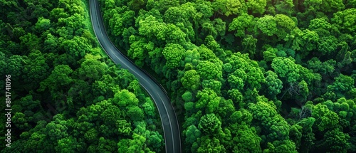 Drone view of a scenic forest road designed with minimal environmental footprint, integrating seamlessly with the surrounding greenery