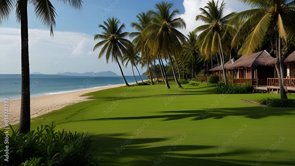 Sunlit Tropical Beach with Lush Palms and Rocks. Generative AI. Sunlit Tropical Beach with Lush Palms and Rocks. Generative AI.