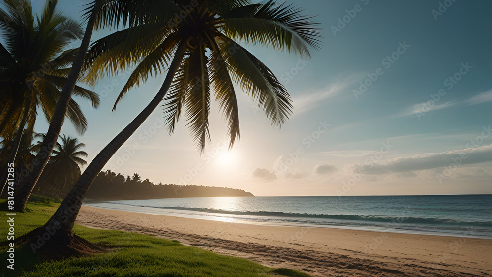 Sunlit Tropical Beach with Lush Palms and Rocks. Generative AI. Sunlit Tropical Beach with Lush Palms and Rocks. Generative AI.