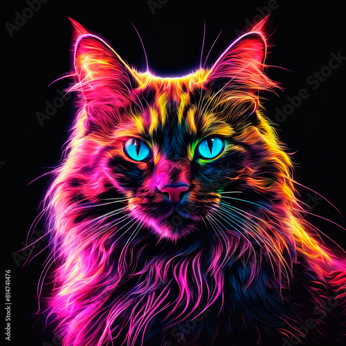 A tangle of feline animals on a neon black background of digital particles.