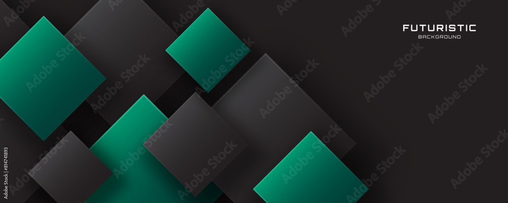 3D black green techno abstract background overlap layer on dark space with squares shape effect decoration. Modern graphic design element cutout style concept for web, flyer, card, or brochure cover 3D black green techno abstract background overlap layer on dark space with squares shape effect decoration. Modern graphic design element cutout style concept for web, flyer, card, or brochure cover