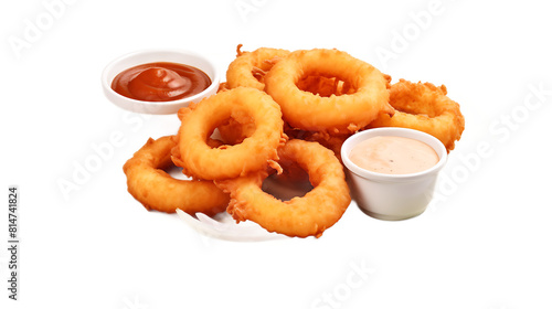 Onion rings with dipping sauce on the side and a transparent background.