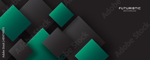 3D black green techno abstract background overlap layer on dark space with squares shape effect decoration. Modern graphic design element cutout style concept for web, flyer, card, or brochure cover