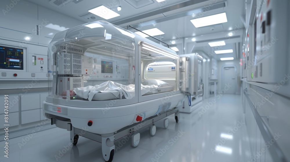 Obraz premium Neonatal incubator, with monitoring equipment and temperature control.