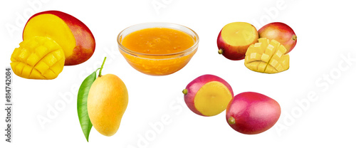 mango  mangoes with red  green and yellow mango isolated with transparent background. Mangoes fruit  many angles and view side top front sliced halved group cut isolated on transparent background cut