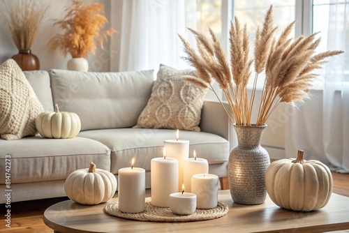 A modern white ceramic vase with dried grass, candles on a wooden table and pumpkins. Scandinavian interior. The concept of autumn decor and comfort in the house.