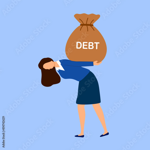 Debt burden, financial obligation or loan payment, heavy load of money failure, mortgage or borrowing money problem concept, tried businessman carrying big debt money bag.