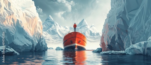 Illustration of a businessman at the helm of a ship navigating through icebergfilled waters, metaphor for maneuvering through market risks photo