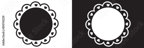 Circle scalloped frames. Scalloped edge rectangle and ellipse shapes. Simple label and sticker form. Flower silhouette lace frame. Vector illustration isolated on white and black background. EPS 10
