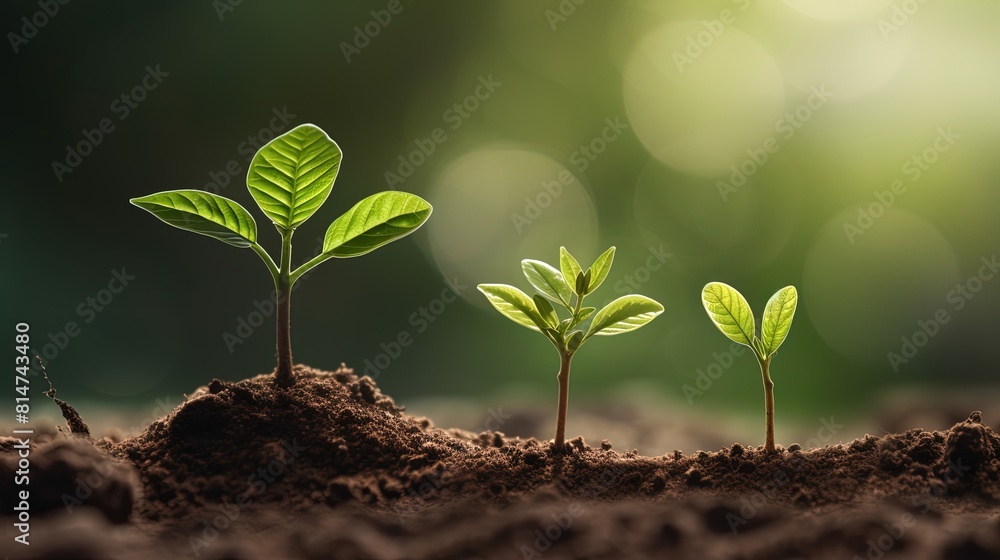 Fototapeta premium Sunlit green plant emerging from the soil. A vibrant green plant emerges from the soil, basking in the warm sunlight.