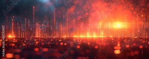 Futuristic cityscape with glowing digital bar charts and vibrant sunset