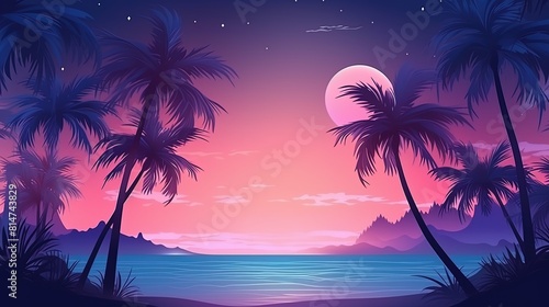 A serene tropical sunset with palm trees and the vast ocean in the background creates a picturesque view. purple and orange nature on the beach © ArtWorld