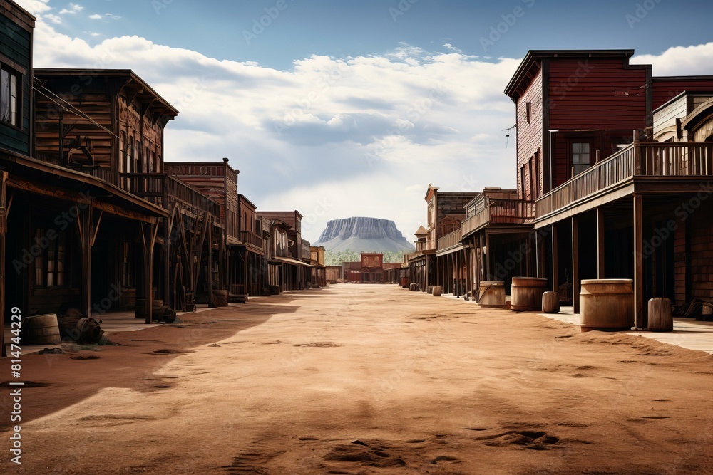Dusty street lined with wooden buildings in a classic wild west town under a clear sky