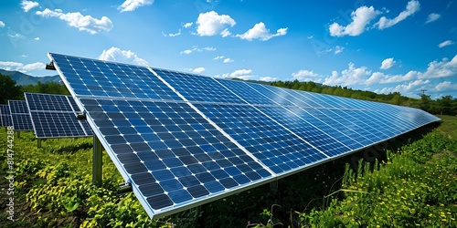 Solar panels on a green meadow and blue sky with white clouds