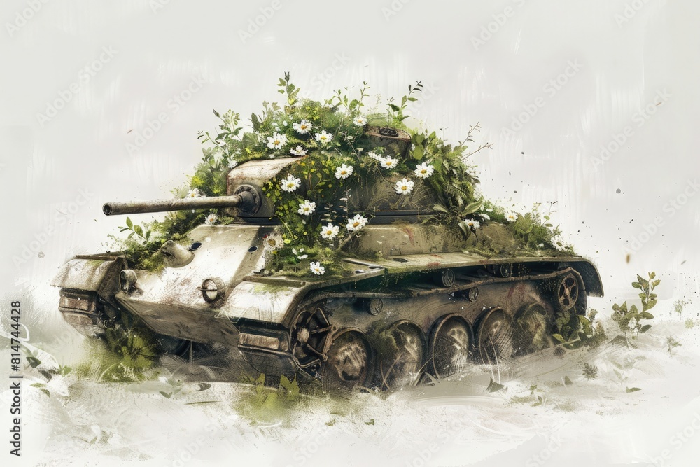 Vintage style drawing of an old war tank with flowers on its cannon, white background.