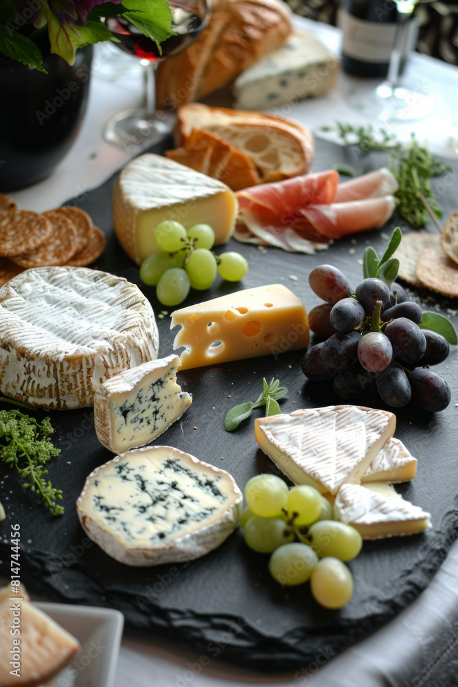 An enticing selection of gourmet cheeses arranged artfully on a slate platter, showcasing a variety of textures, flavors, and colors. 