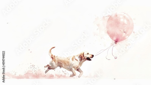 Welcome to a world of innocence and wonder captured in delicate watercolors At the heart of this enchanting scene a labrador retriver runs and tries to catch up and catch cradling photo