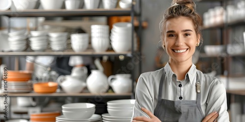 Shop owner thrilled by glowing online review from happy ceramic customer. Concept Small Business Success, Customer Satisfaction, Positive Reviews, Ceramic Products, Online Reputation photo