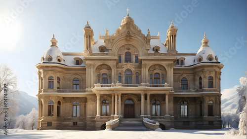 Grand historical mansion in snow