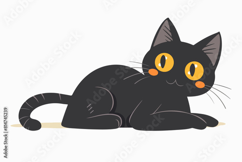 Illustration of a black cat on a white background. The black cat lies resting.