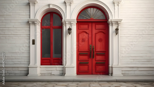 Elegant red doors on a white brick wall