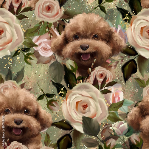 Seamless pattern with cute poodle dogs and rose flowers.