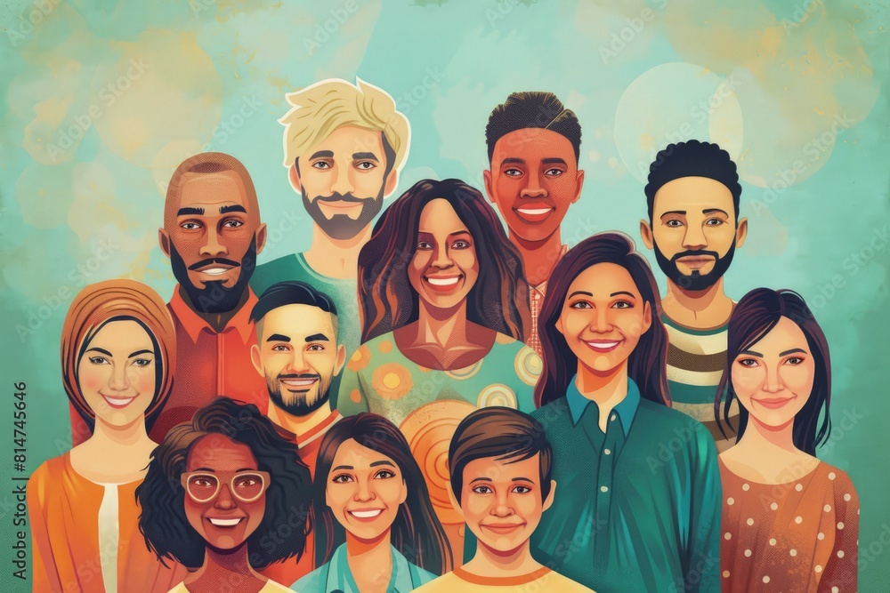 A group of people of different ethnicities, origins and ages smiling, concept of culture, diversity.
