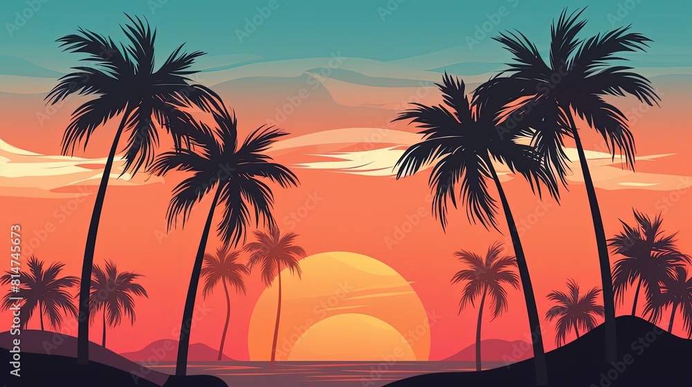 Palm trees silhouetted against a vibrant sky, Tranquil tropical sunset setting with palm trees and the ocean in the backdrop Palm trees silhouetted against a vibrant sky, Tranquil tropical sunset setting with palm trees and the ocean in the backdrop