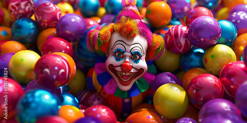 A clown face in a ball pit, Clown sitting in a ball pit with balloons all around generative ai