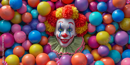 A clown is surrounded by colorful balloons, Halloween represented by clown