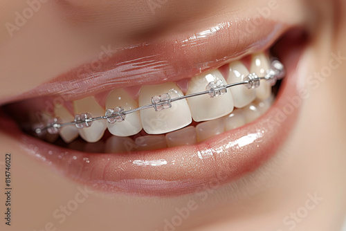 Close-up of a person's smile showcasing clean teeth fitted with modern orthodontic braces in a dental clinic setting