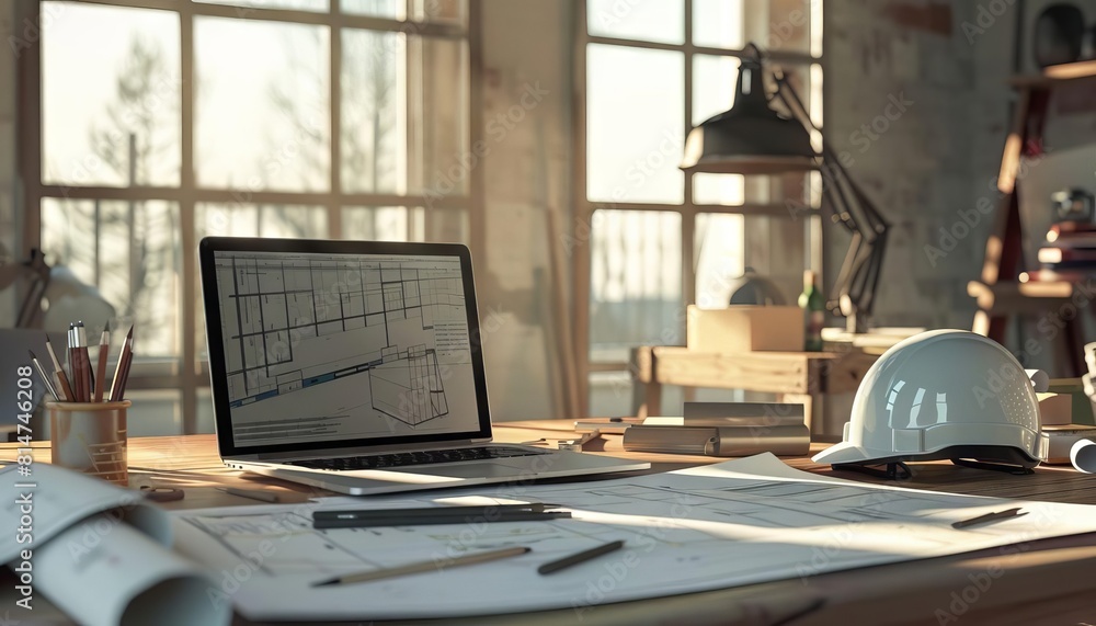 A laptop on an architects drawing table with blueprints, a helmet, and architectural tools A laptop on an architects drawing table with blueprints, a helmet, and architectural tools