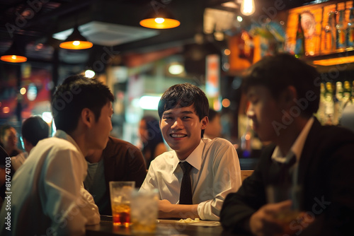 Thai young salaryman gather at a vibrant bar to decompress and rejuvenate. Clad in professional attire photo