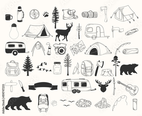 Set of vector hand drawn camping, travel, adventure illustrations, line art drawing