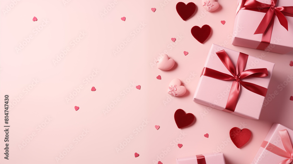 Pink gift boxes with red and pink ribbon bows on the light pink background, concept of love Pink gift boxes with red and pink ribbon bows on the light pink background, concept of love