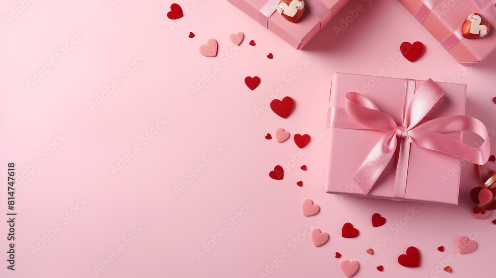 Pink gift boxes with red and pink ribbon bows on the light pink background, concept of love Pink gift boxes with red and pink ribbon bows on the light pink background, concept of love