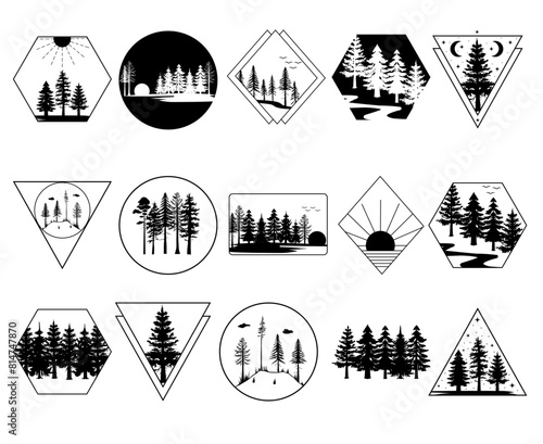 Set of vector hand drawn forest illustrations, geometric design, line art drawing adventure prints, wanderlust labels with forest trees