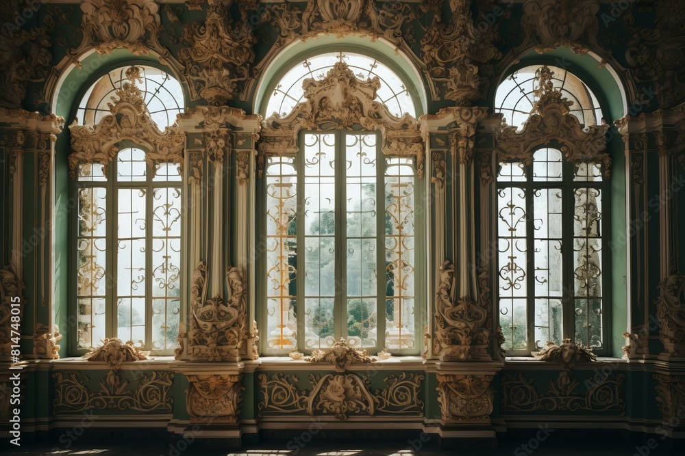 Sunlight streams through the intricate patterns of opulent baroque windows in a historic interior
