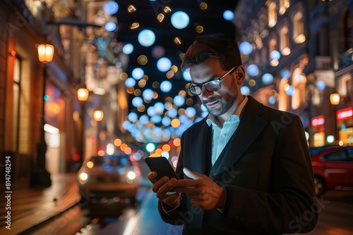 A man in a suit on a city street at night, ordering a surprise gift on his smartphone photo