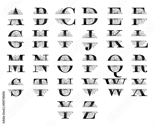Set of vector monogram letters with sunflower, split floral letters, floral alphabet