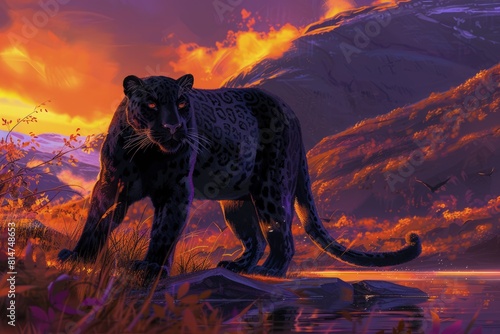 A majestic black panther on the edge of an alpine lake, mountains in the background, wildlife concept.