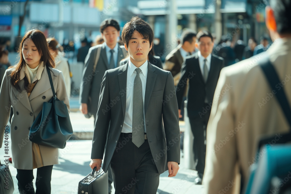 Fototapeta premium a close-up scene captures the determined expressions of professionals as they navigate their daily commute