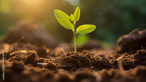 Green plant grows in soil  concept growth of sprouts and agriculture  back light background