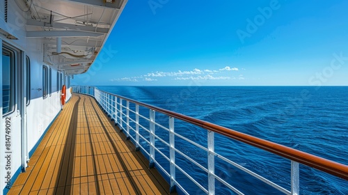 Wide ocean view from cruise ship deck under clear blue skies.