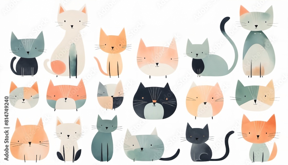 AI generated illustration of multicolored cats in diverse hues on a white backdrop
