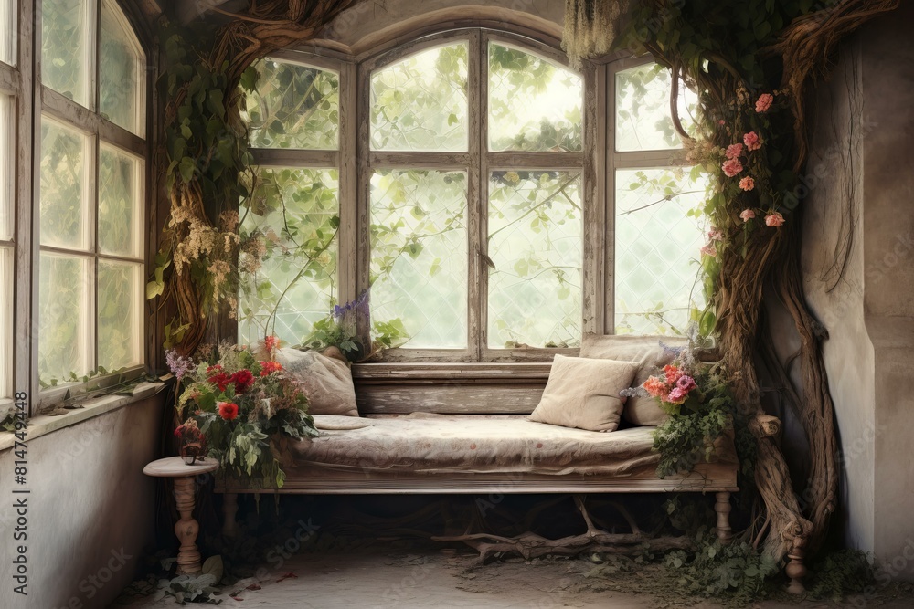 Serene indoor scene with a window seat embraced by climbing plants and vintage decor Serene indoor scene with a window seat embraced by climbing plants and vintage decor