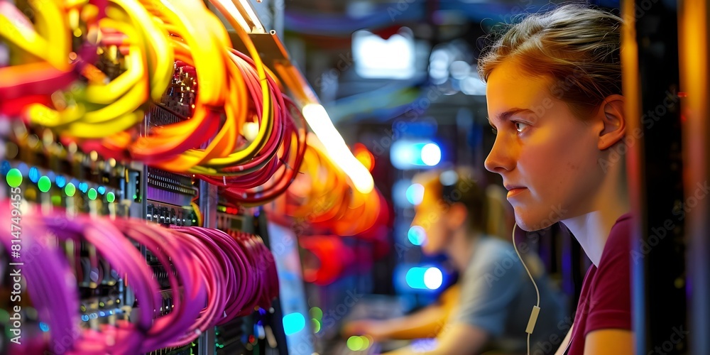 Obraz premium Two people working at a computer in a data center. Concept Data Center, Technology, Work Environment, Team Collaboration, Computer Networking
