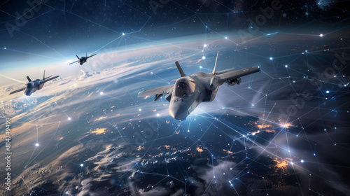 Three fighter jets soaring above Earth with digital network photo