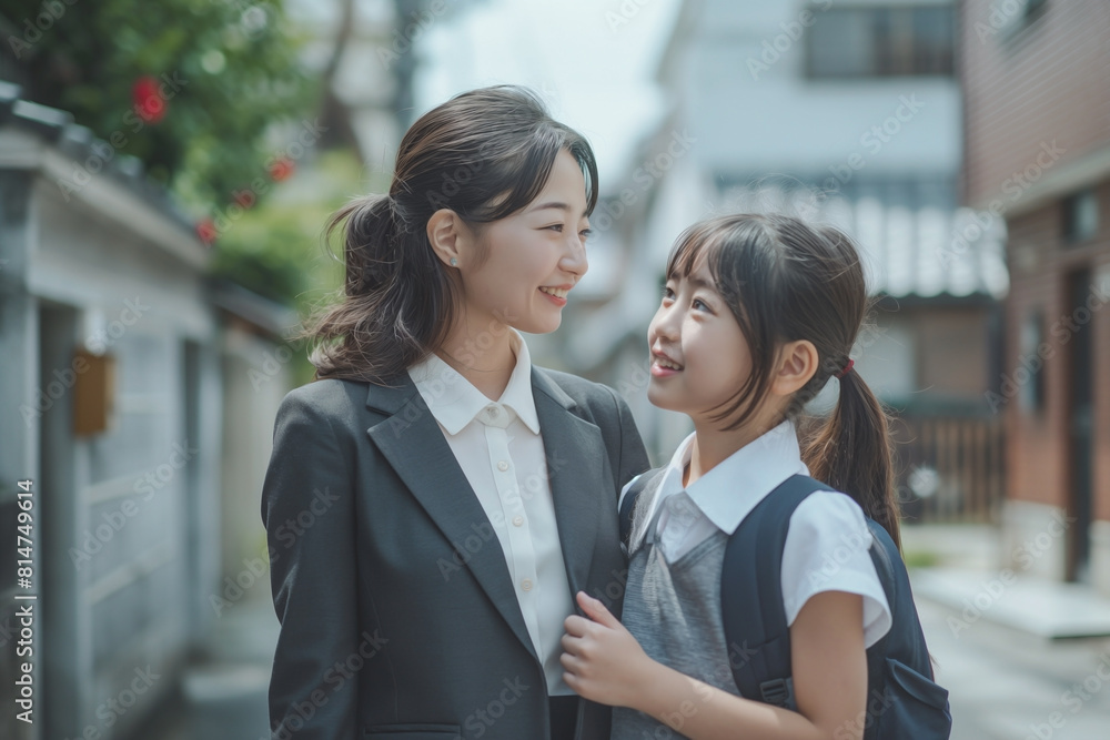 at Japanese School Front Gate, salarywoman walks her daughter 12 yrs to school. The mother, clad in her professional suit, and her daughter, dressed in a light summer school uniform at Japanese School Front Gate, salarywoman walks her daughter 12 yrs to school. The mother, clad in her professional suit, and her daughter, dressed in a light summer school uniform