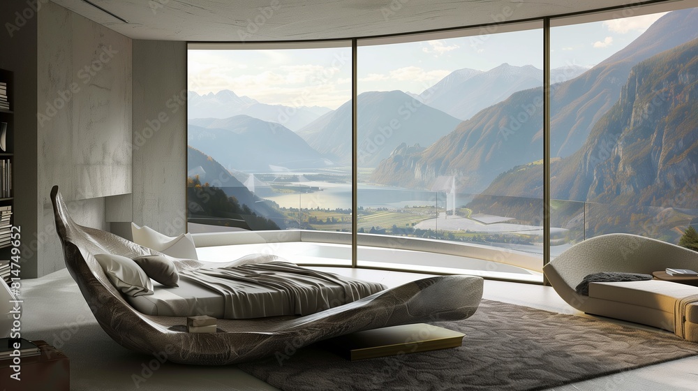 Fototapeta premium A modern bedroom with a sculptural bed frame and a panoramic view of the mountains